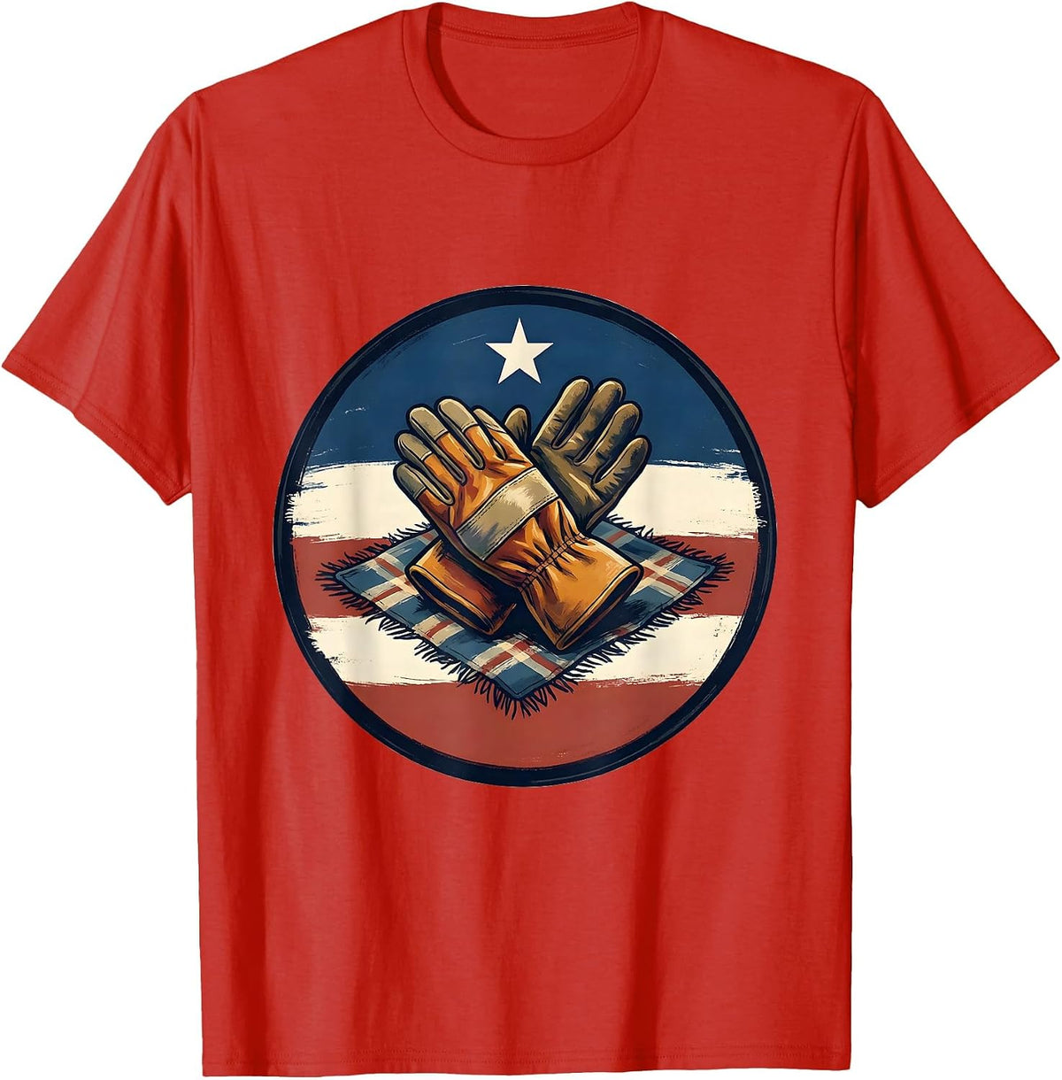 Men's Labor Day Patriotic Crossed Gloves Badge T-Shirt - Red