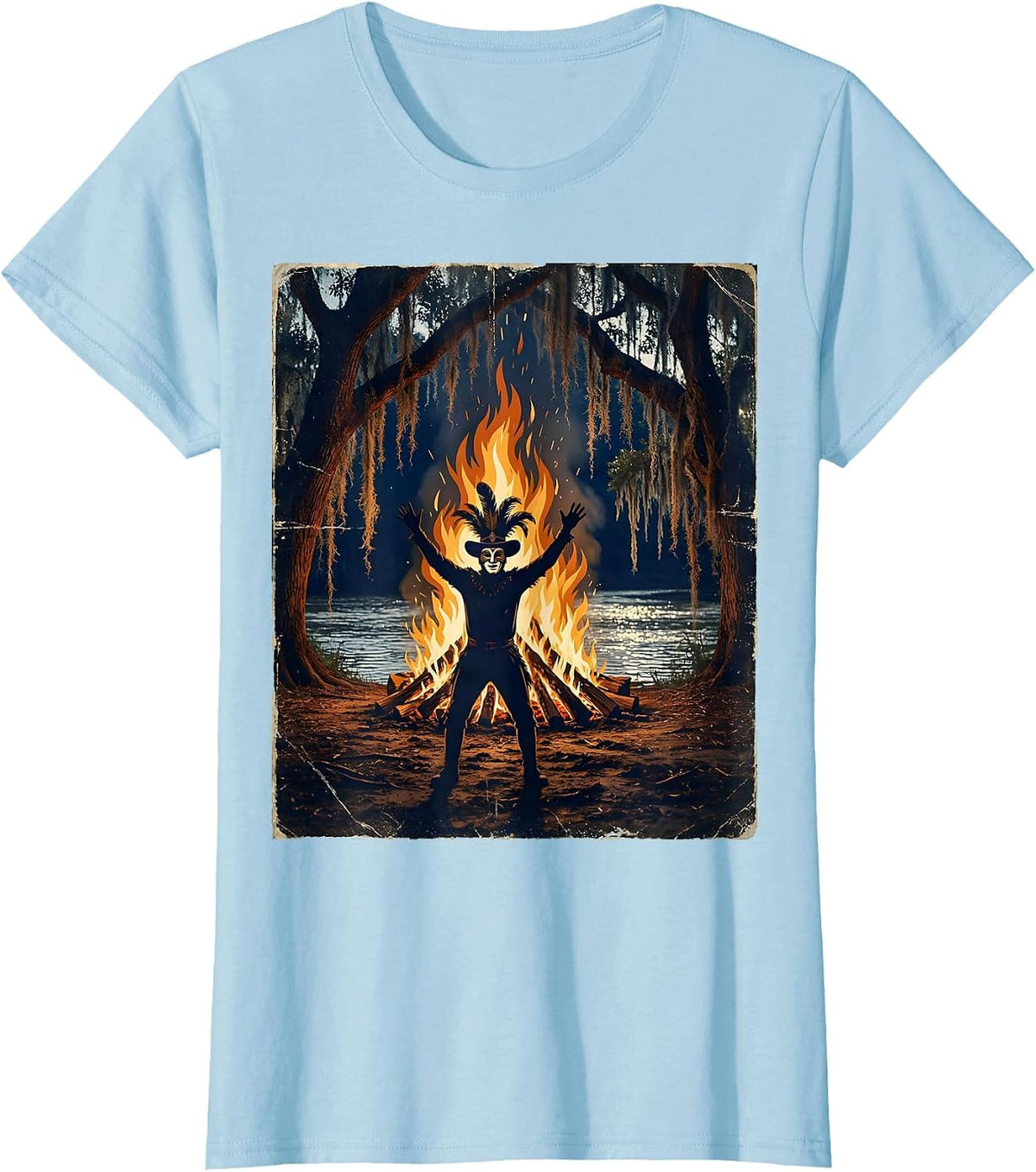 Mardi Gras Reveler Bonfire Riverbank Silhouette T-Shirt - Baby Blue