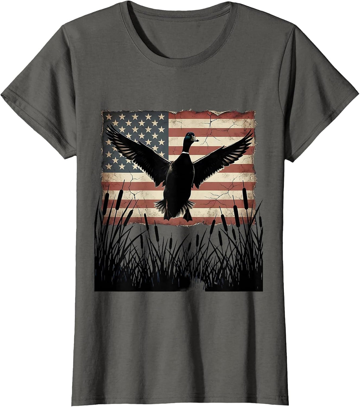 Women's Duck Flying Over Marsh Camo Hunting Design T-Shirt - Asphalt Grey