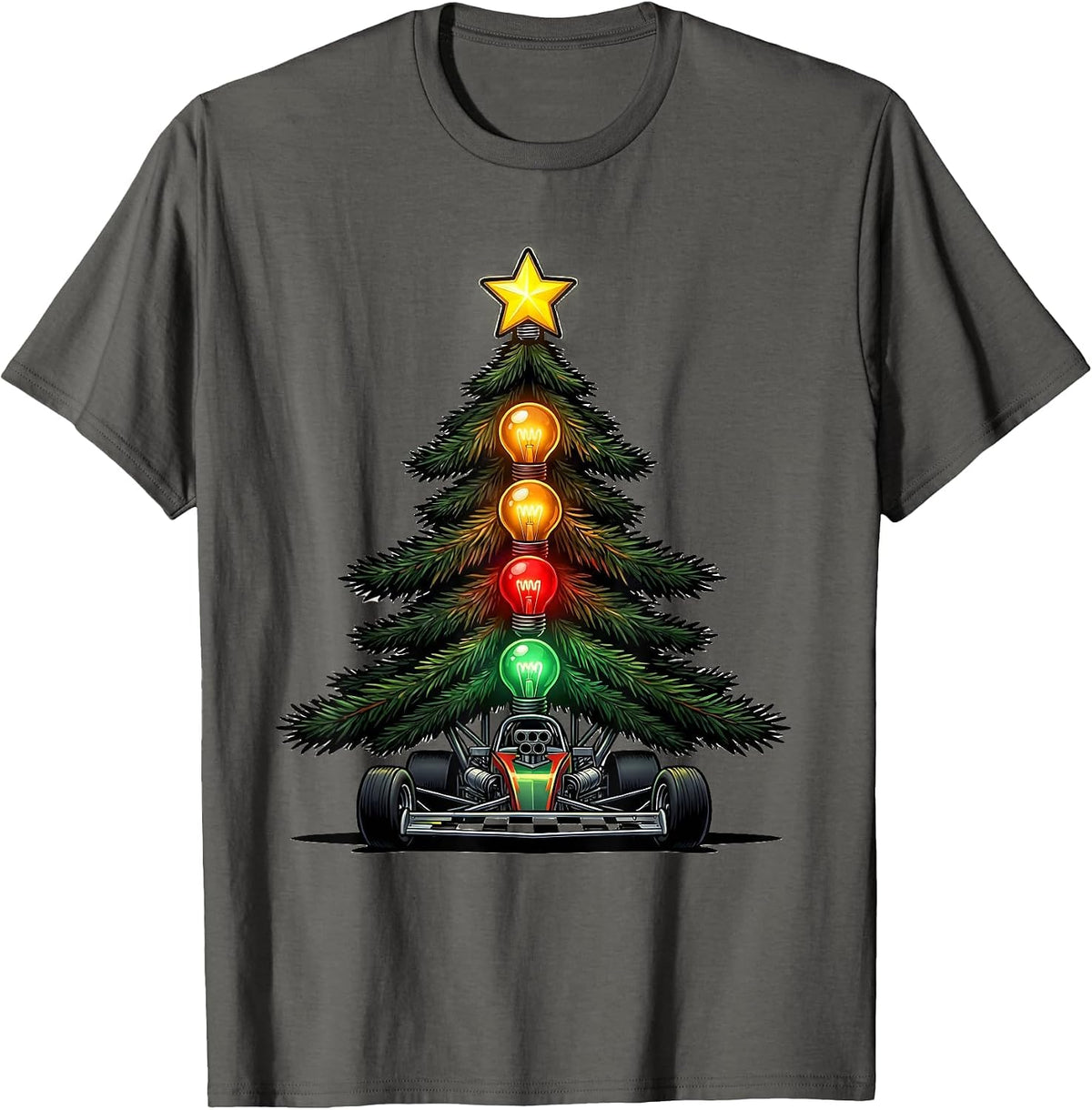 Evergreen Dragster Staging Light Cartoon Funny Racing Fan T-Shirt - Asphalt Grey