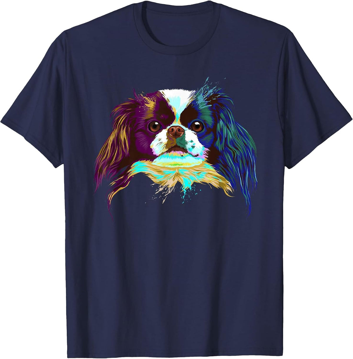 Colorful Splash Dog Japanese Chin T-Shirt - Navy Blue