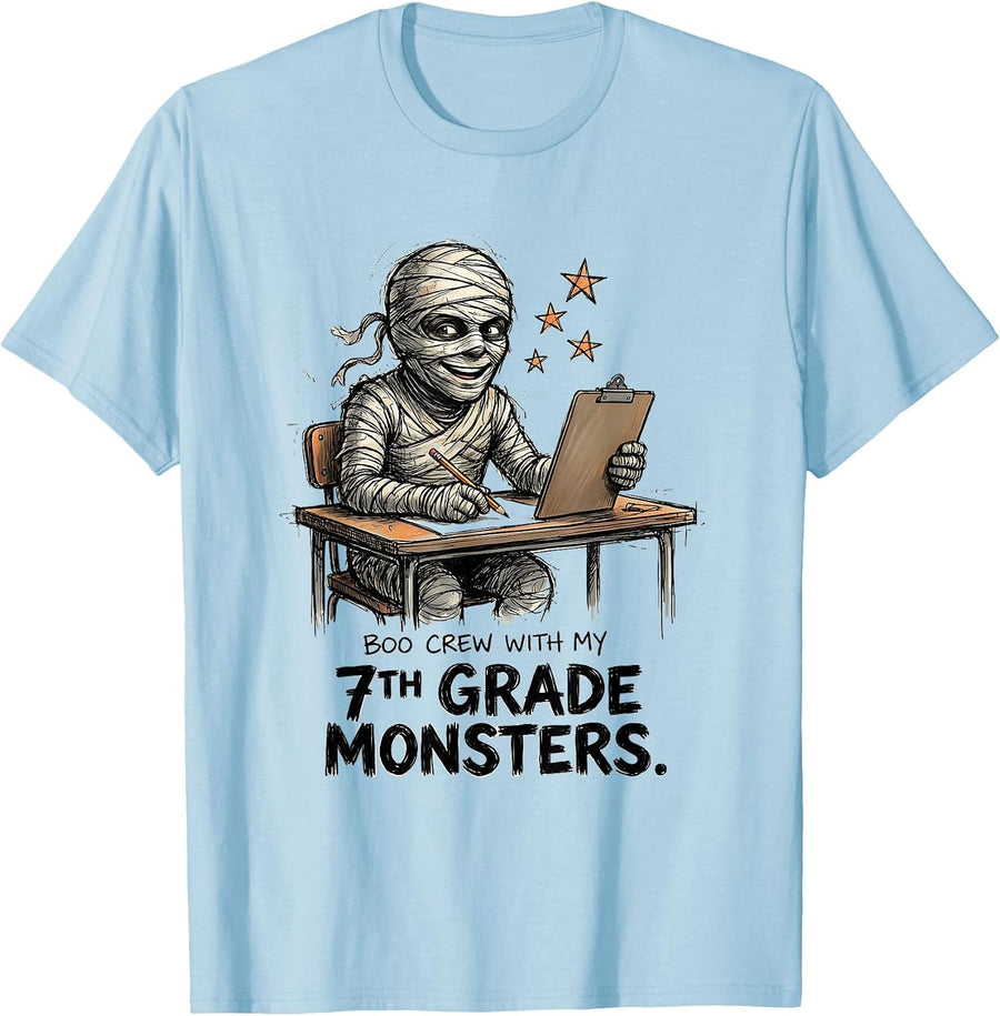 Men's Boo Crew With My 7th Grade Monsters Funny Halloween Teacher T-Shirt - Baby Blue