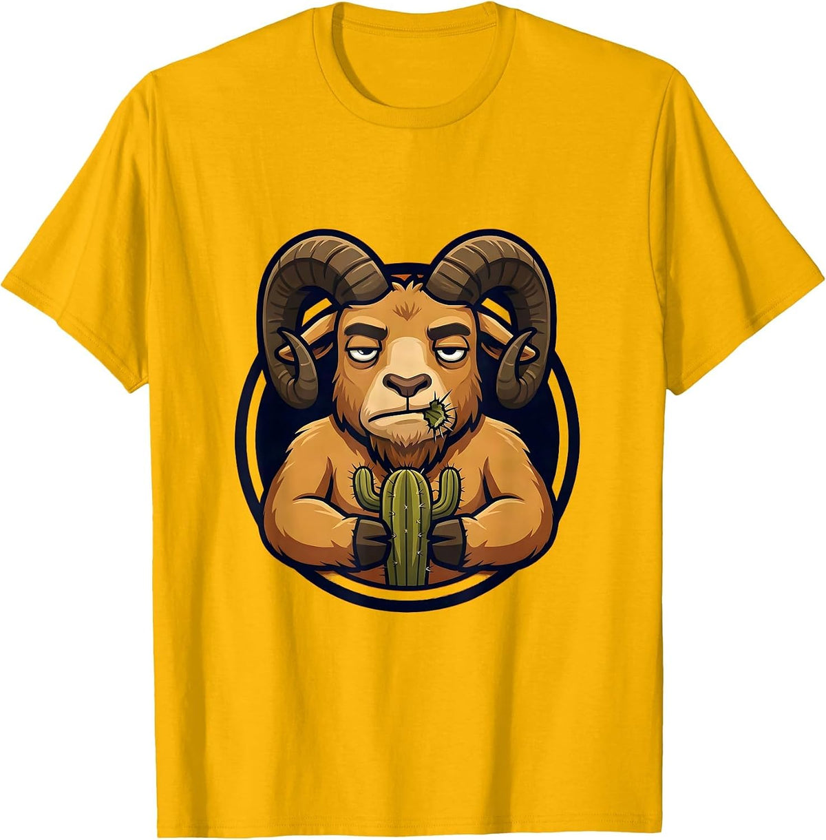 Men's Unfazed Goat Eating Cactus Funny Animal T-Shirt - Golden Yellow