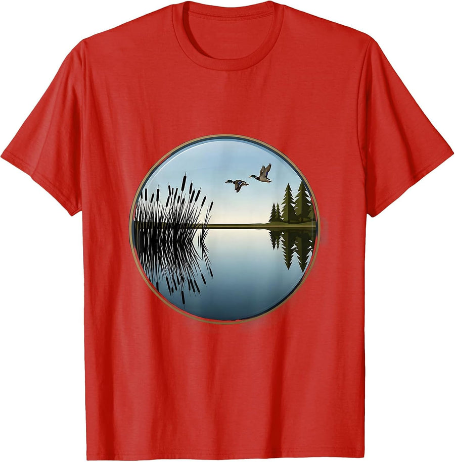 Men's Camo Duck Blind Floating Lake Hunting Graphic T-Shirt - Red