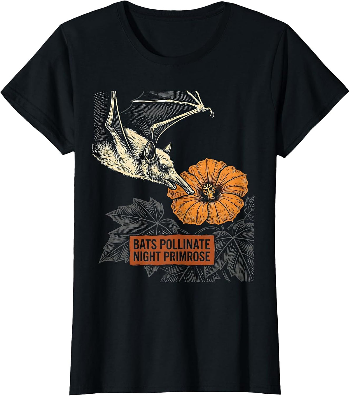 Bats Pollinate Night Primrose Linocut Gothic Bat Lover T-Shirt - Black