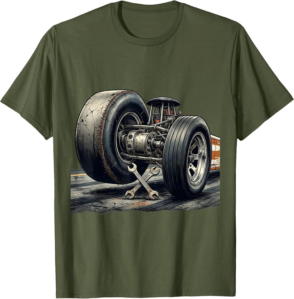 Men's Dragster Rear Axle Racing Fan Distressed T-Shirt - Olive Green