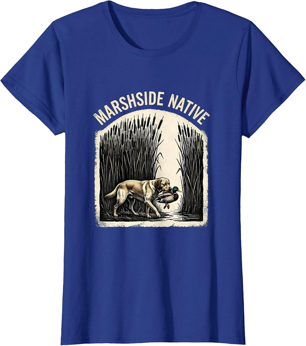 Women's Marshside Native Rubber Stamp Labrador Duck Hunting Southern T-Shirt - Royal Blue