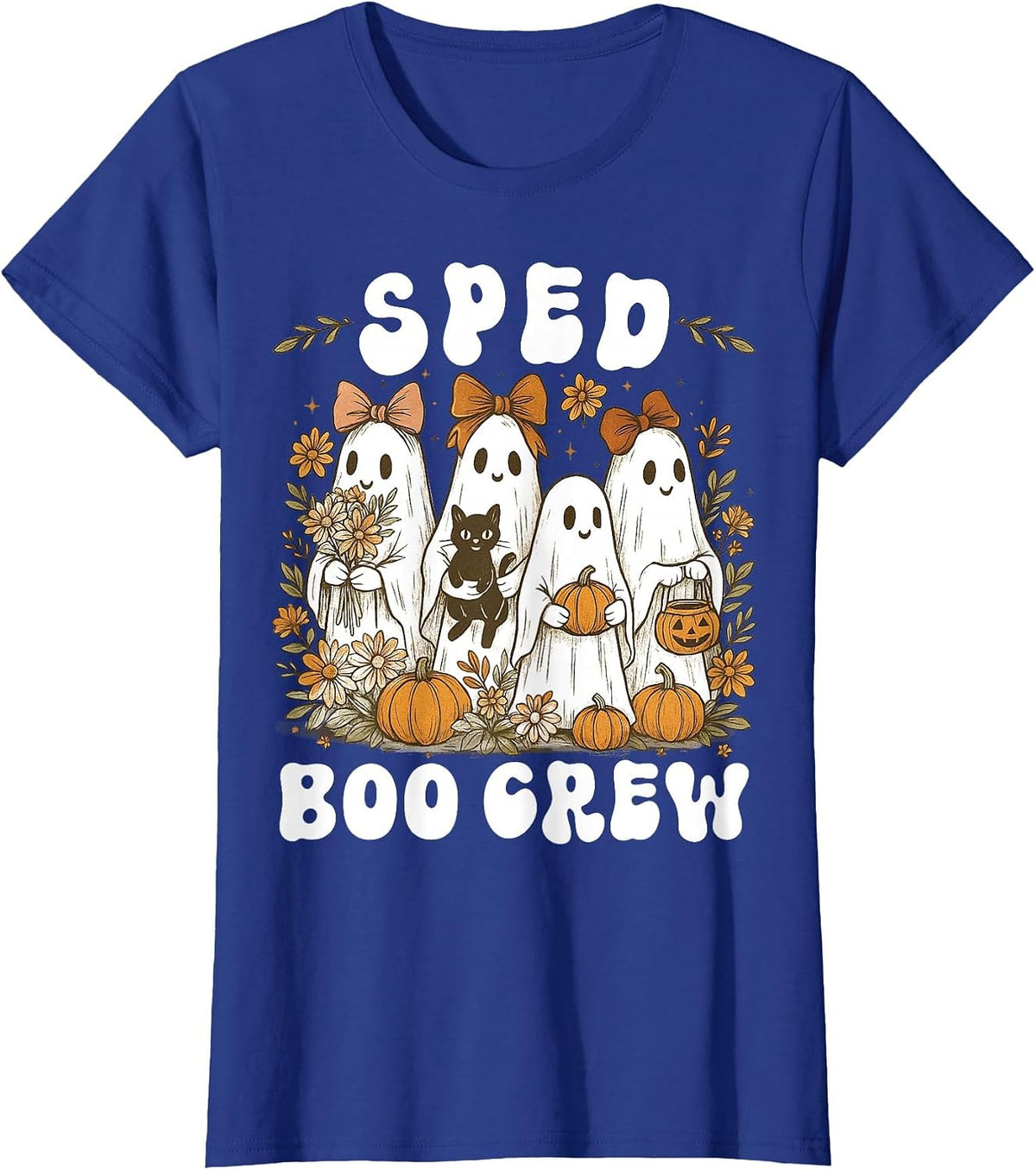 Boo Crew SPED Teacher Wildflower Halloween Ghost Preppy Bow T-Shirt - Royal Blue