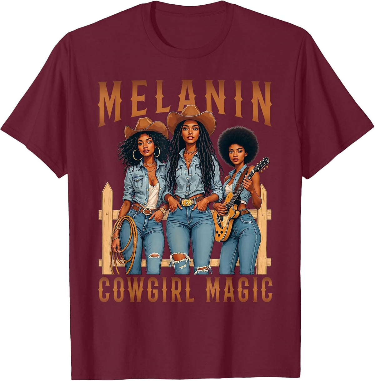 Melanin Black Cowgirl Magic Western Juneteenth Black History T-Shirt - Burgundy