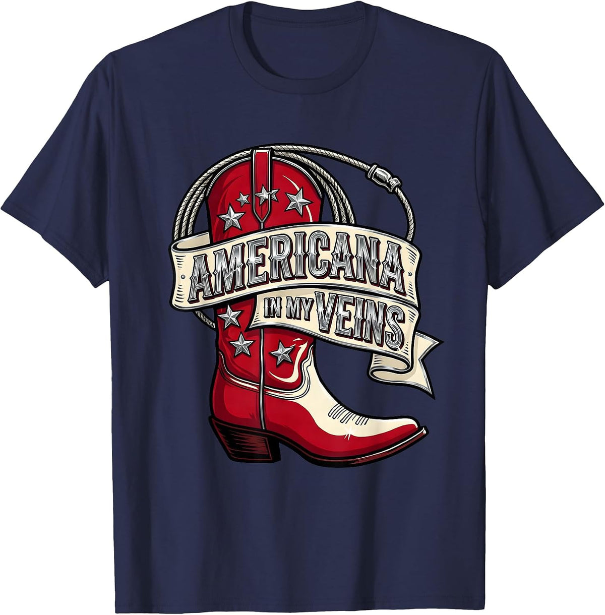 Americana In My Veins Red White and Blue Design T-Shirt - Navy Blue