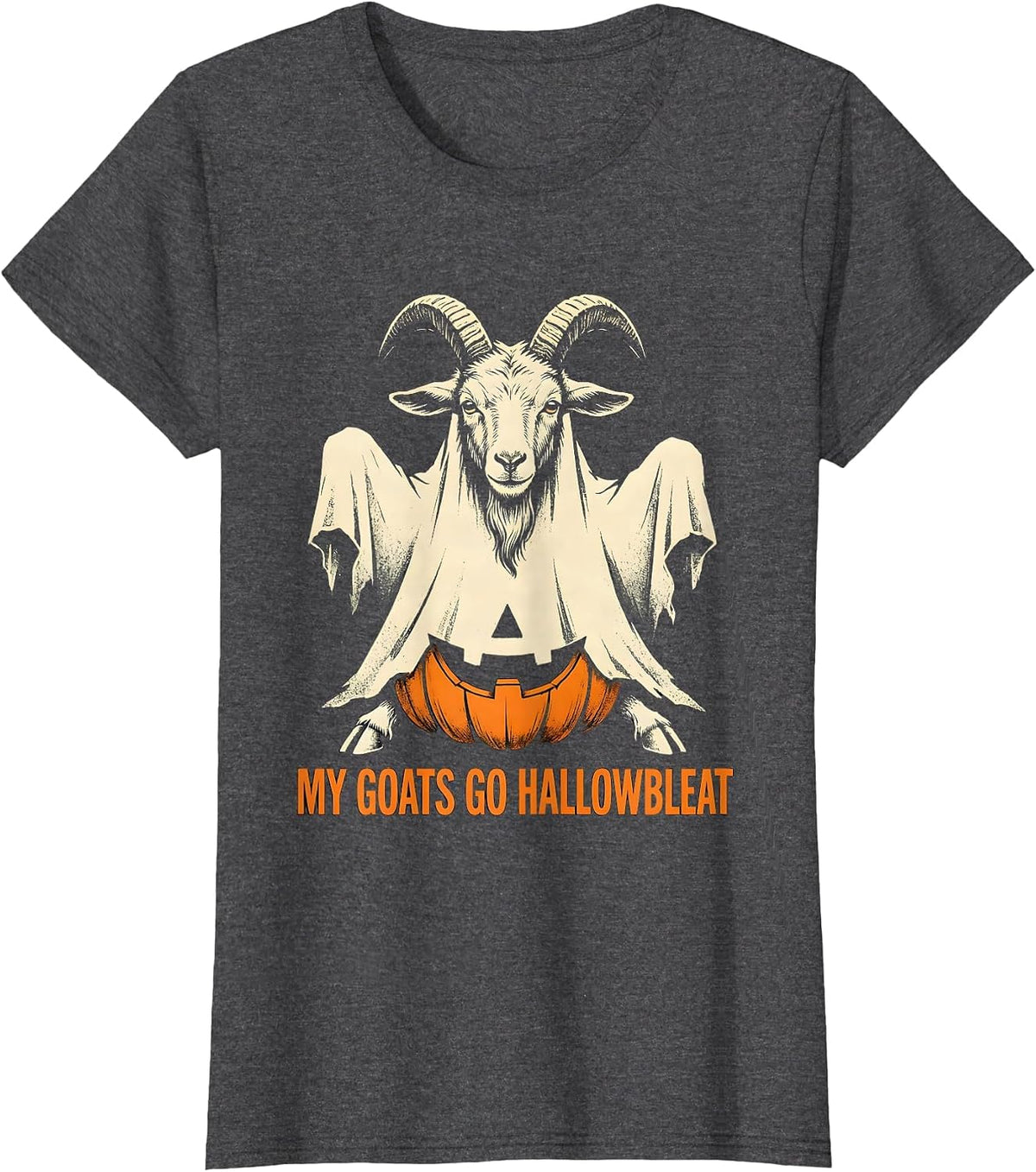 Women's My Goats Go Hallowbleat Funny Goat Ghost Halloween Farmer T-Shirt - Dark Heather Grey