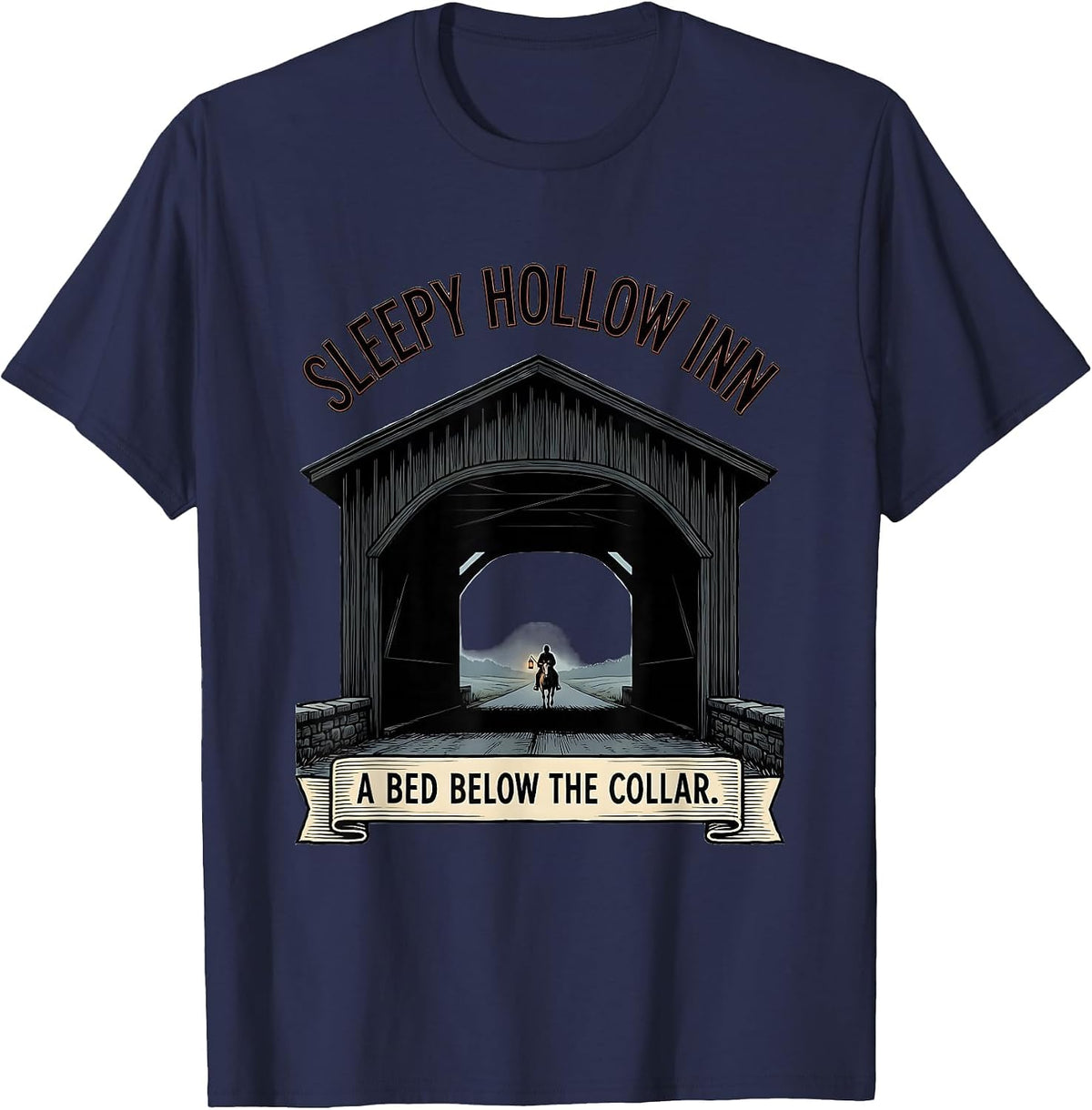 Men's Sleepy Hollow Inn A Bed Below The Collar Gothic T-Shirt - Navy Blue