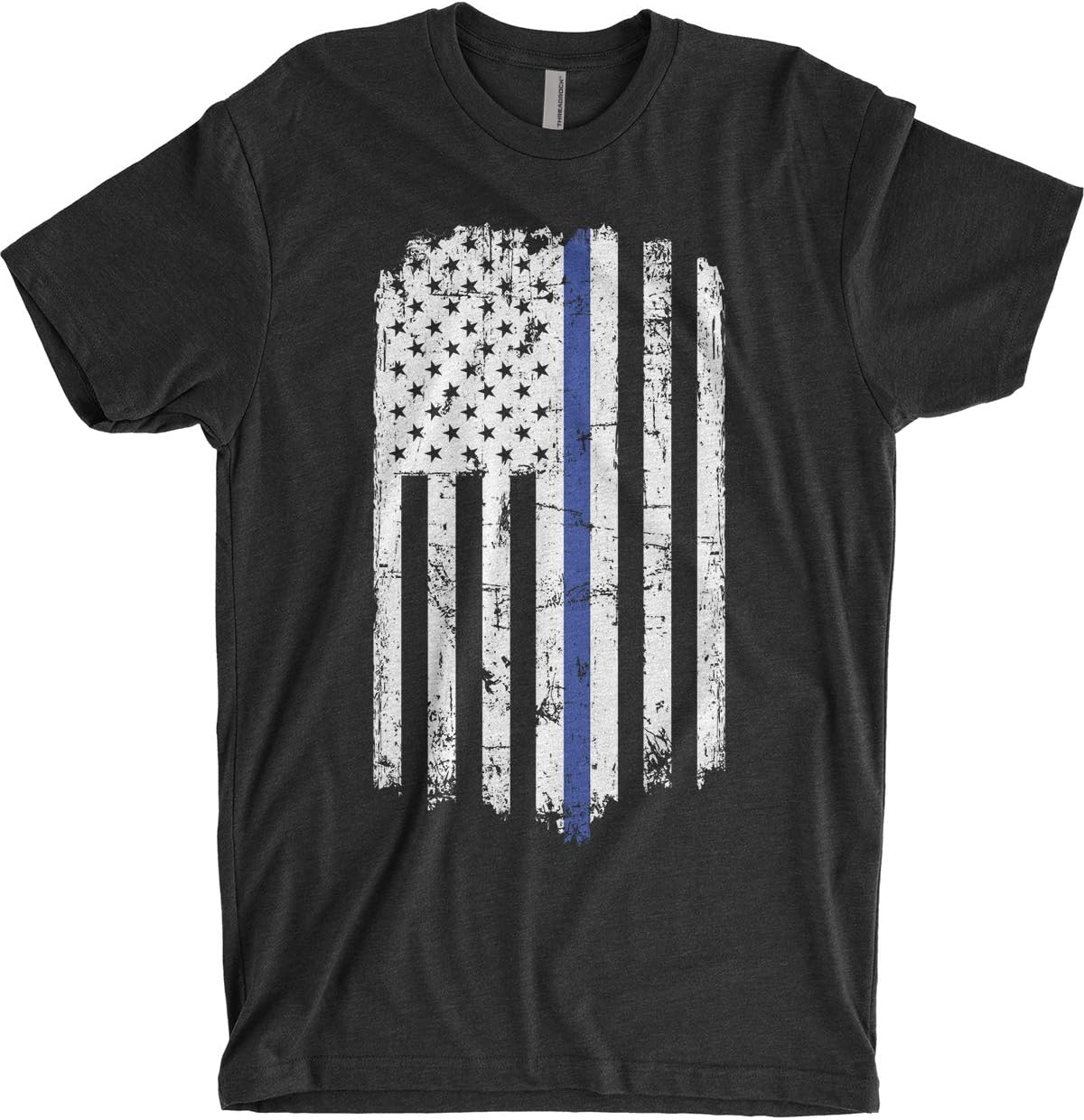 Threadrock Men's Blue Line Police American Flag T-Shirt - Premium Black