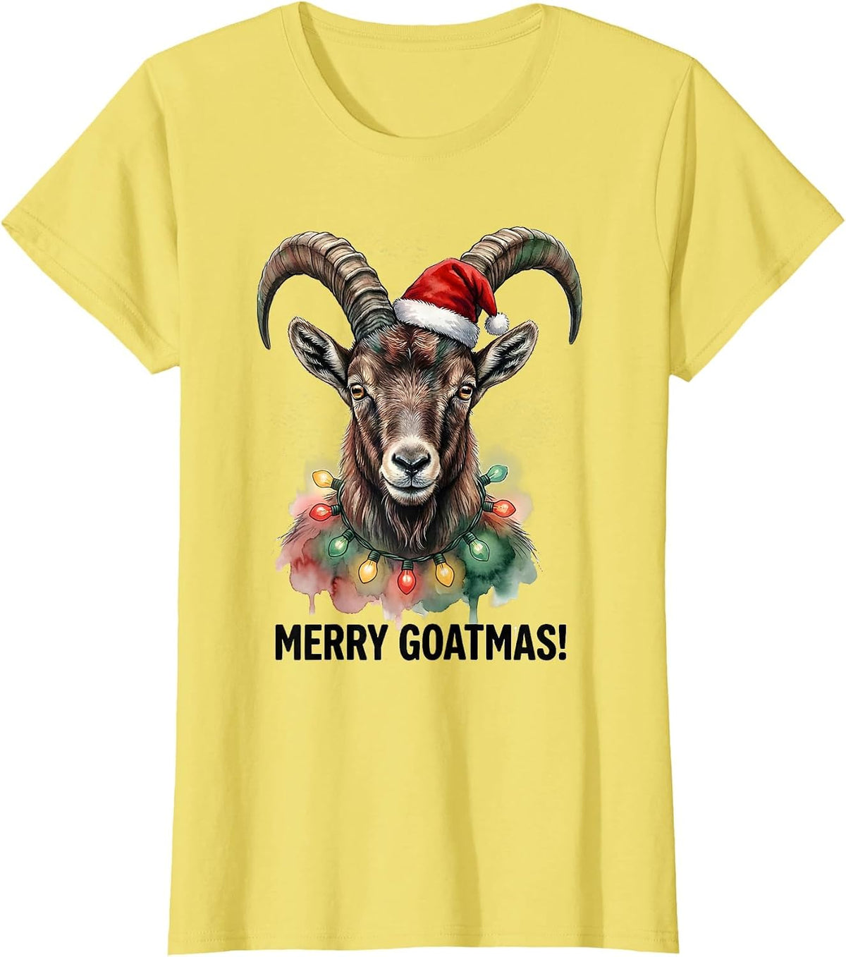 Merry Goatmas! Watercolor Goat Santa Hat Christmas Lights T-Shirt - Lemon Yellow