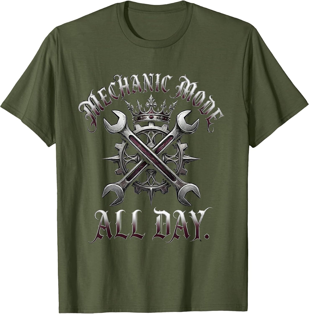 Men's Mechanic Mode All Day Auto Repair Design T-Shirt - Olive Green