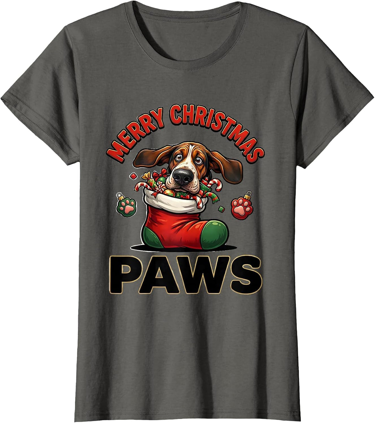 Women's Merry Christmas Paws Cartoon Basset Hound Dog Lover Holiday T-Shirt - Asphalt Grey