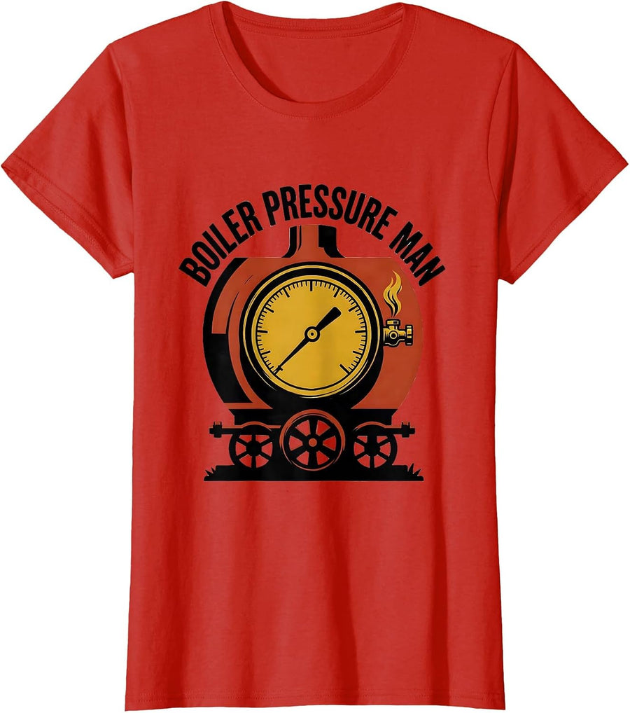 Women's Boiler Pressure Man Vintage Steam Locomotive Train T-Shirt - Red