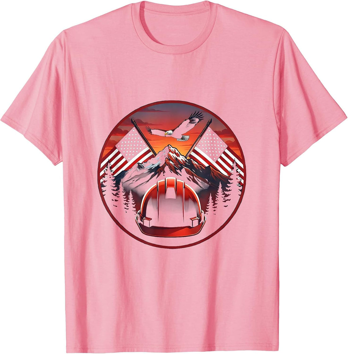 Men's Hard Hat Crossed American Flags Patriotic Design T-Shirt - Pink