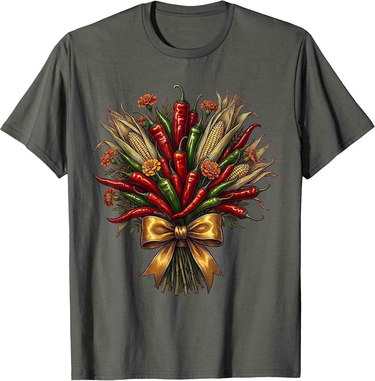 Mexican Chili Pepper Bouquet Ribbon Illustration T-Shirt - Asphalt Grey