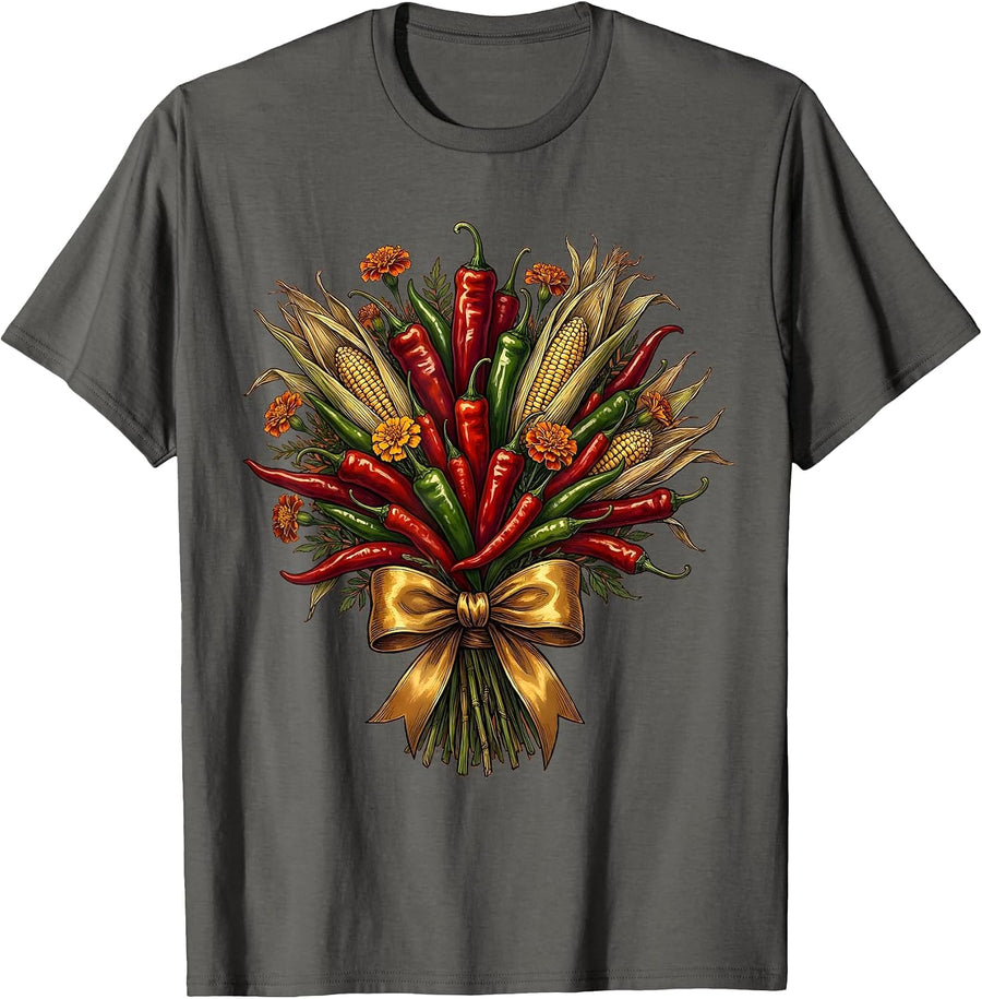 Mexican Chili Pepper Bouquet Ribbon Illustration T-Shirt - Asphalt Grey