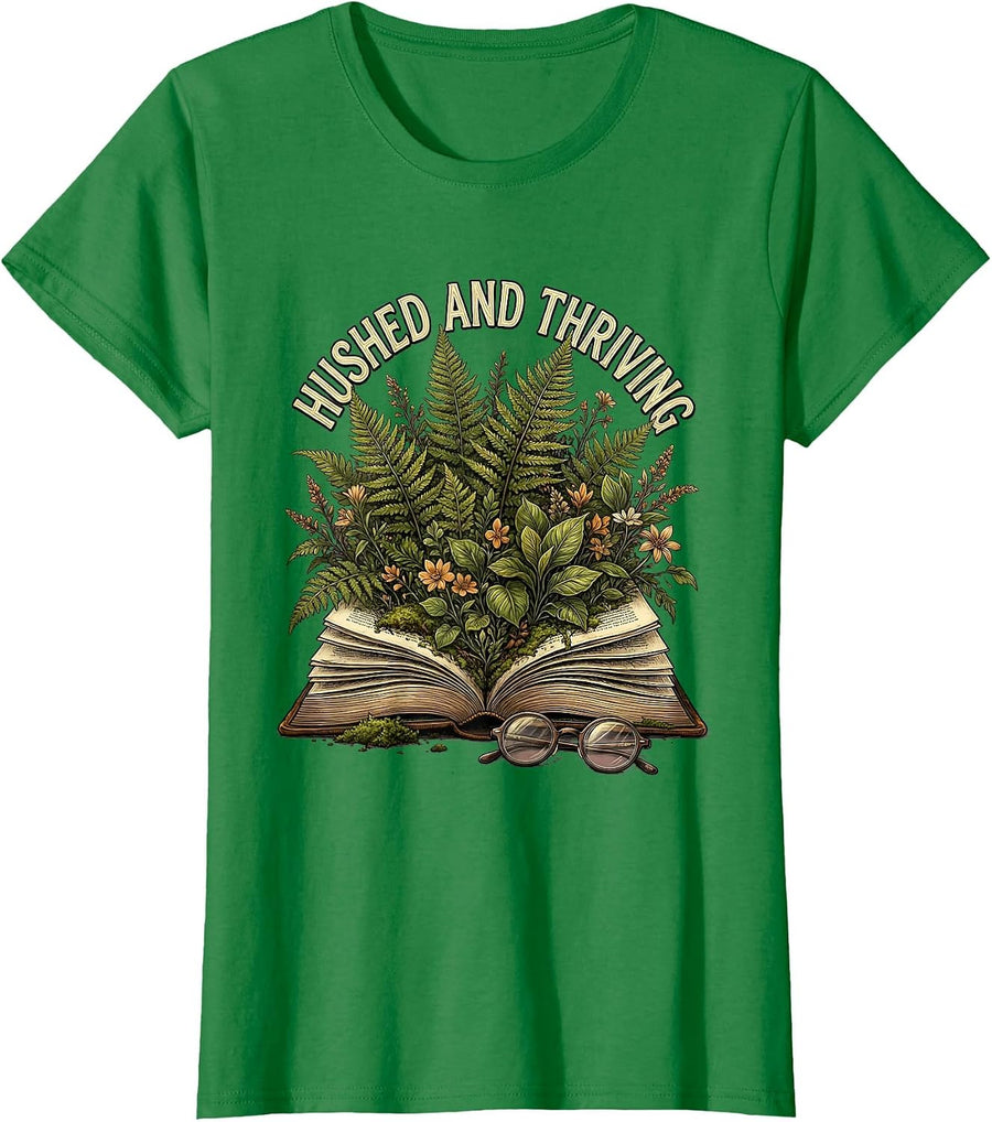 Women's Hushed and Thriving Librarian Graphic Design T-Shirt - Kelly Green
