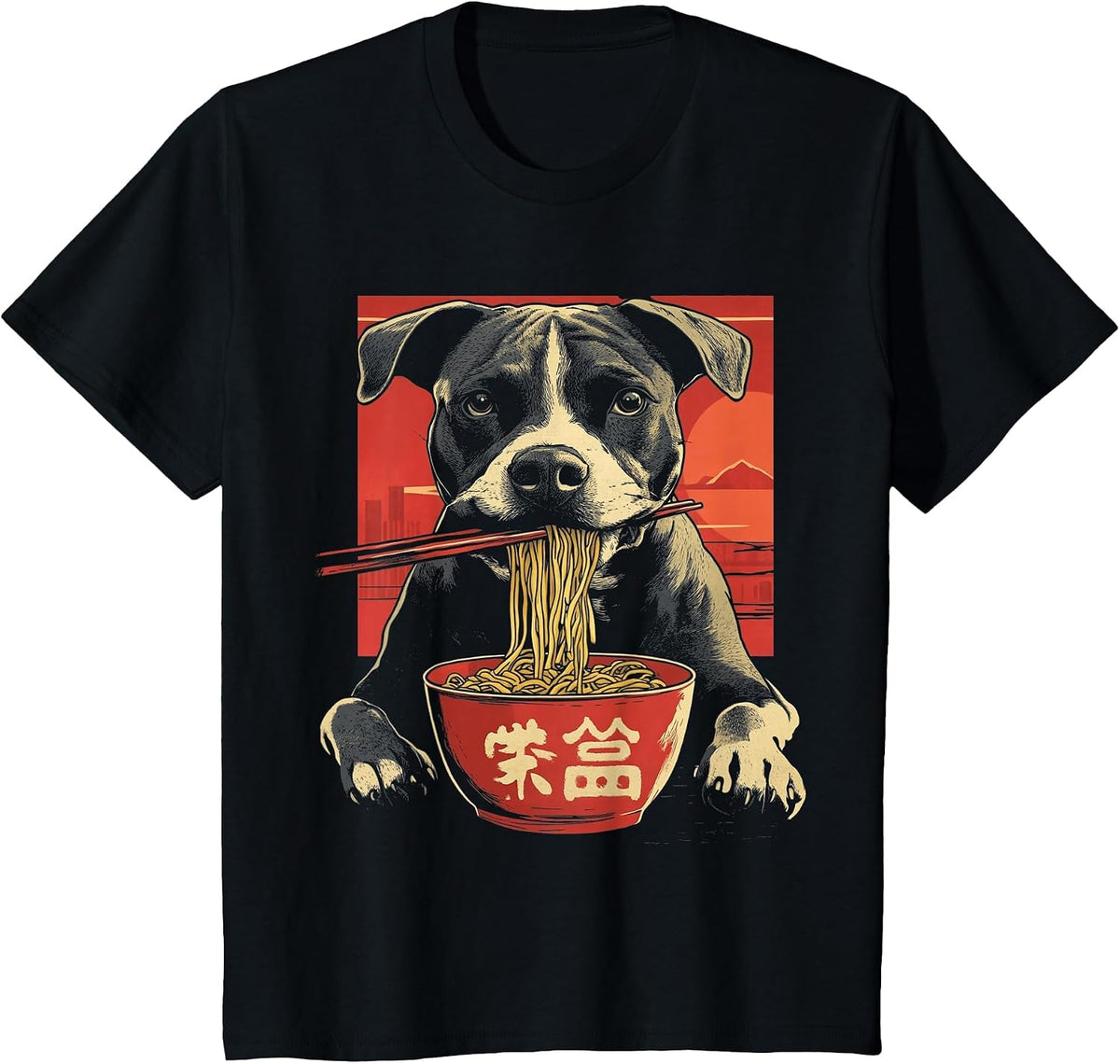 Pitbull Funny Dog Eating Ramen Noodles T-Shirt - Black
