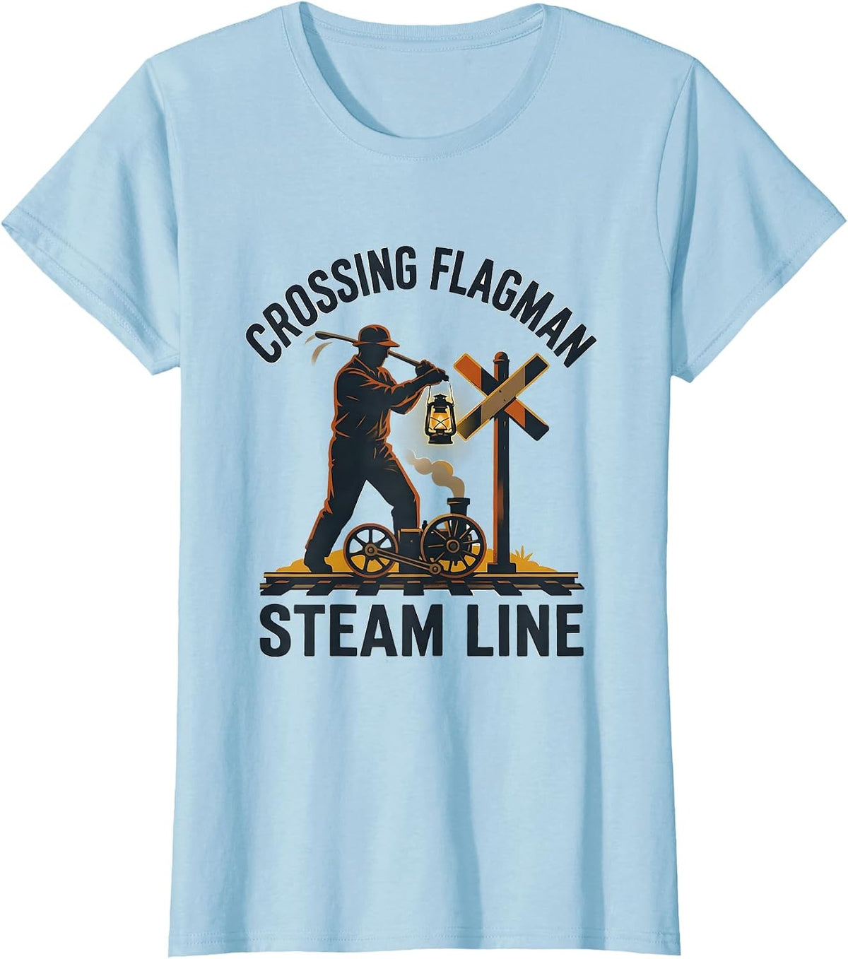 Crossing Flagman Steam Line Vintage Steam Locomotive Train T-Shirt - Baby Blue