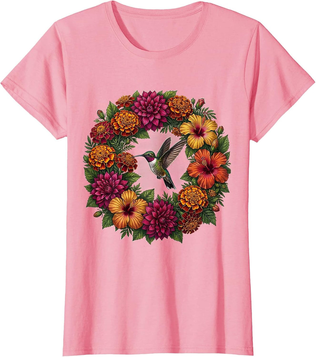 Women's Mexican Floral Wreath Hummingbird Design T-Shirt - Pink