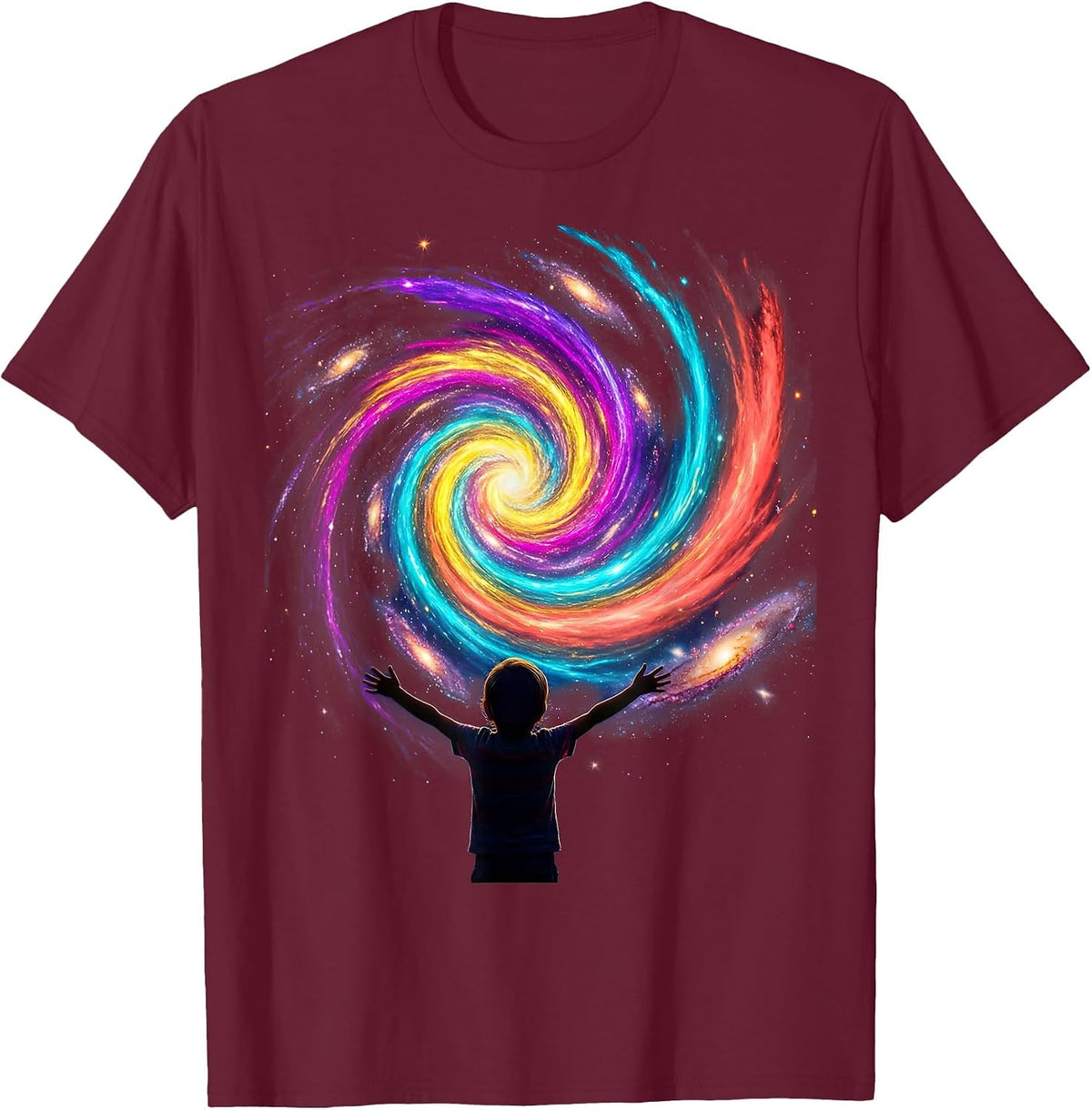 Child Gazing Into Swirling Galaxy Neurodiversity Art T-Shirt - Burgundy