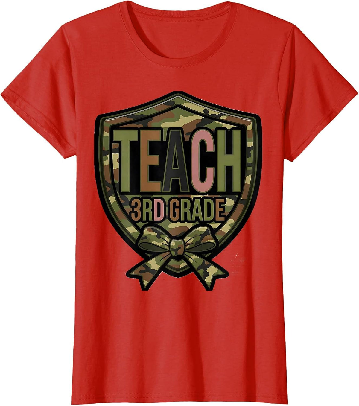 Teach 3rd Grade Camo Teacher Bow Trendy Fashion T-Shirt - Red