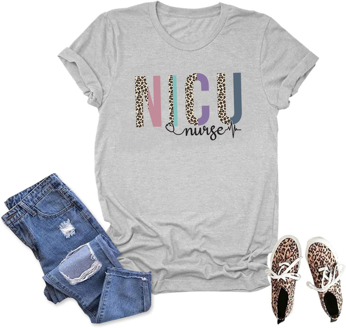 Nicu Nurse Shirt for Women Aesthetic Leopard Print Trendy Beach T-Shirt Casual Summer Short Sleeve Tee Tops Girl Gift - Grey