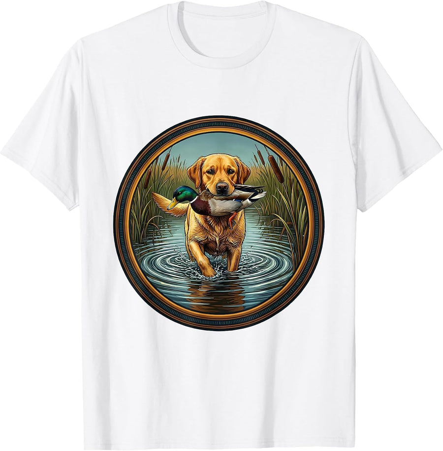 Hunting Dog Duck Retrieve Illustration T-Shirt - White