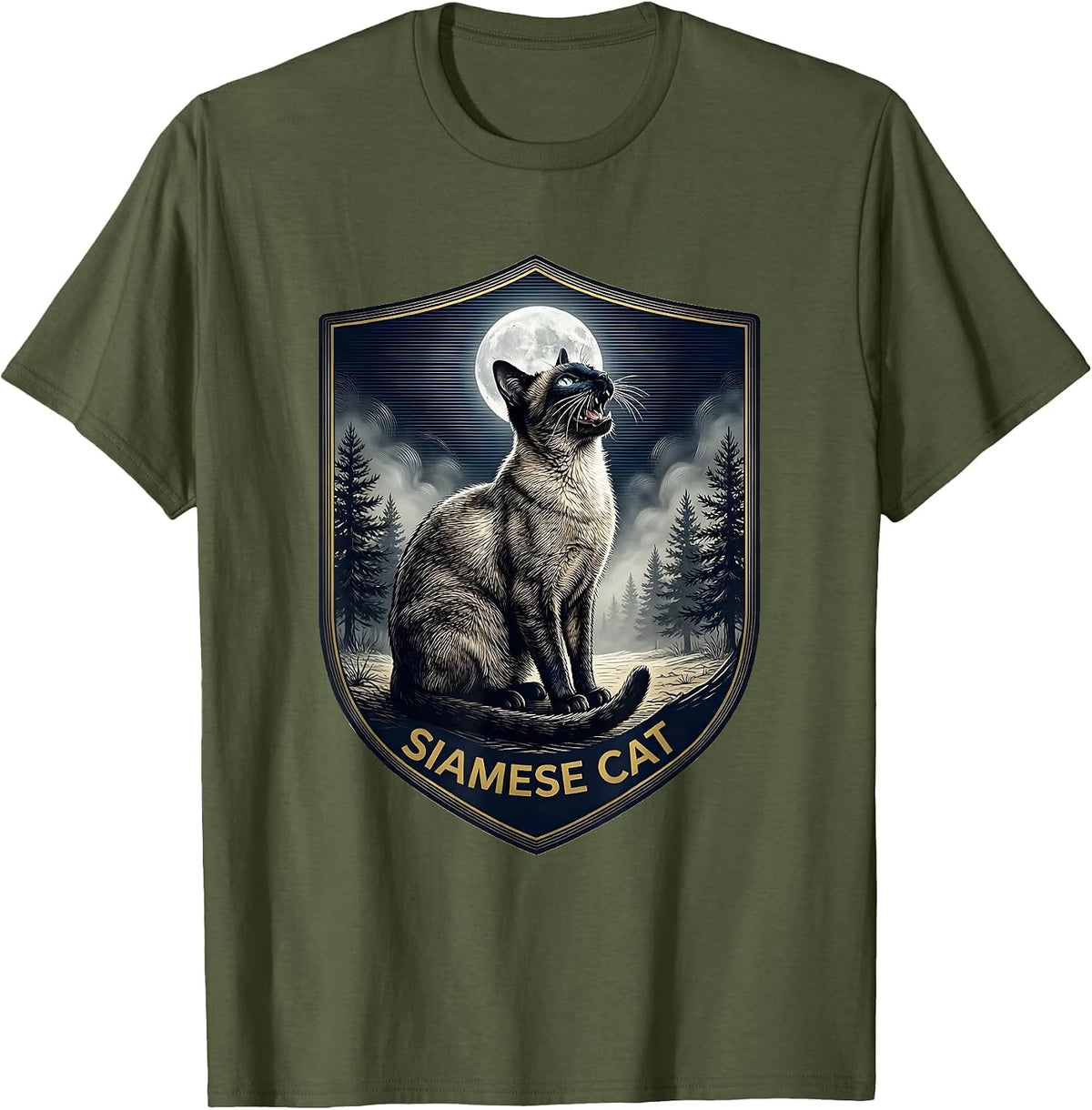Siamese Cat Howling at Moon 90's Retro T-Shirt - Olive Green
