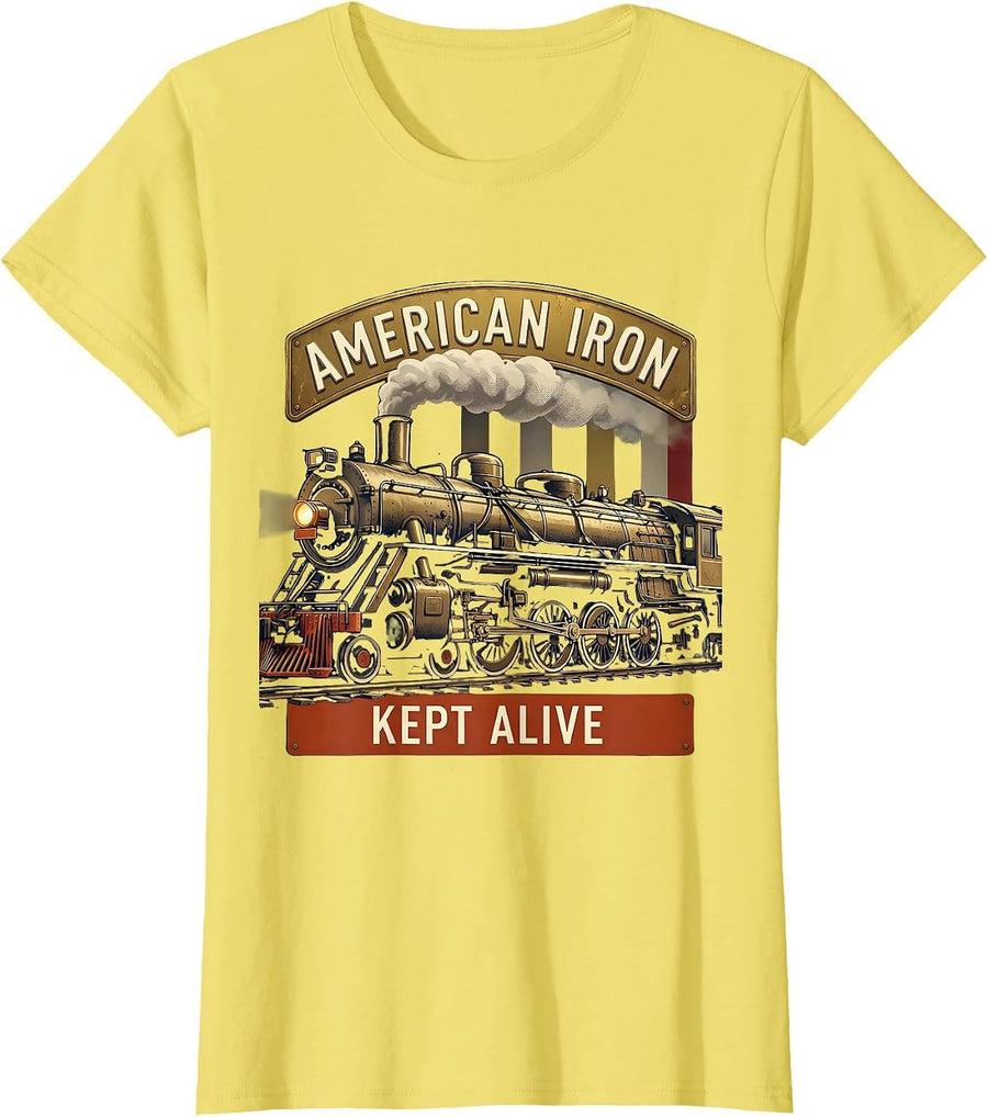 American Iron Kept Alive Patriotic Steam Locomotive Train T-Shirt - Lemon Yellow