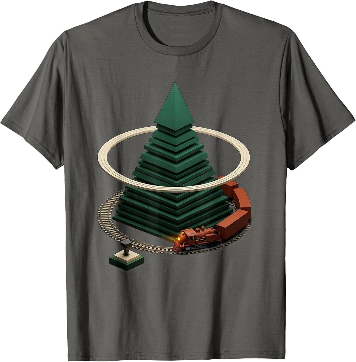 Stacked Tree Train Geometric Vintage Holiday T-Shirt - Asphalt Grey