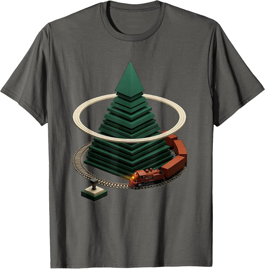 Stacked Tree Train Geometric Vintage Holiday T-Shirt - Asphalt Grey