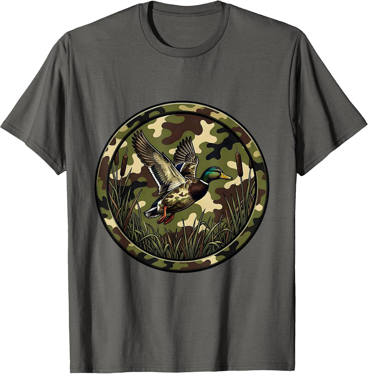 Duck Flying Over Misty Camo Marsh Illustration T-Shirt - Asphalt Grey