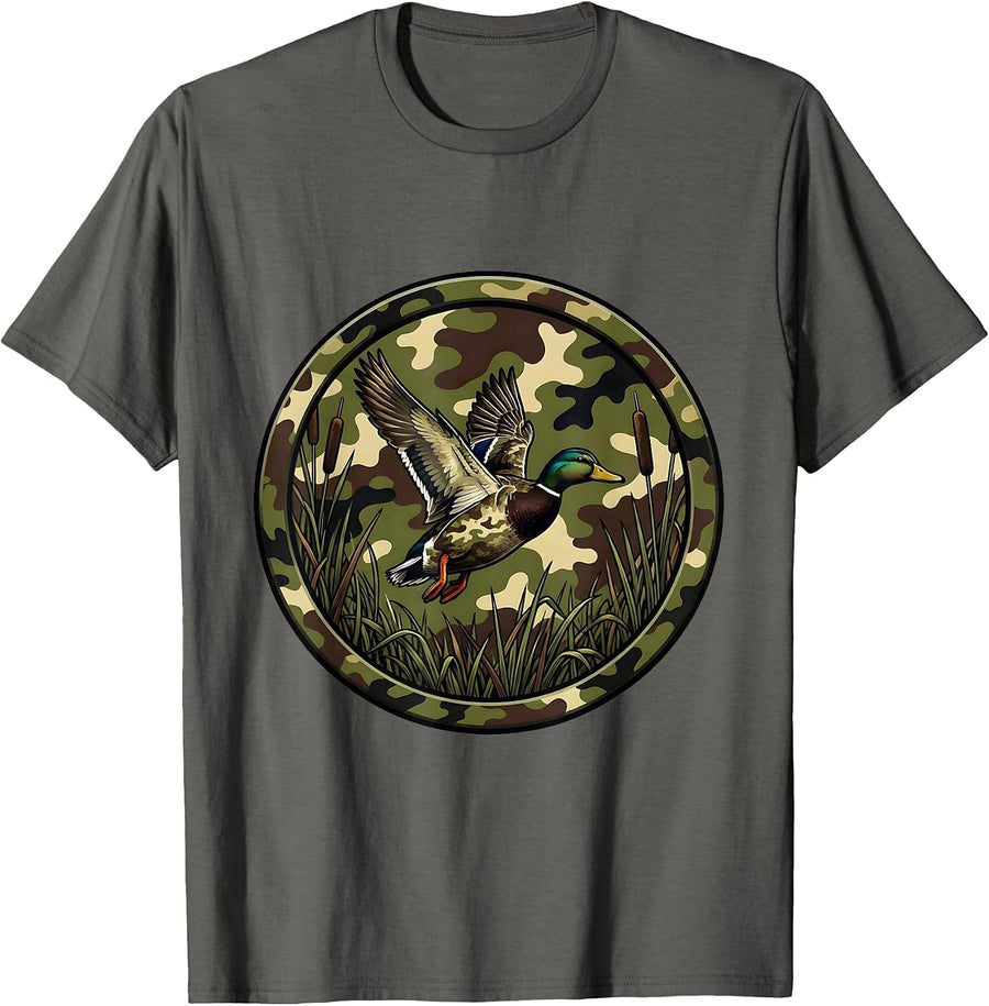 Duck Flying Over Misty Camo Marsh Illustration T-Shirt - Asphalt Grey