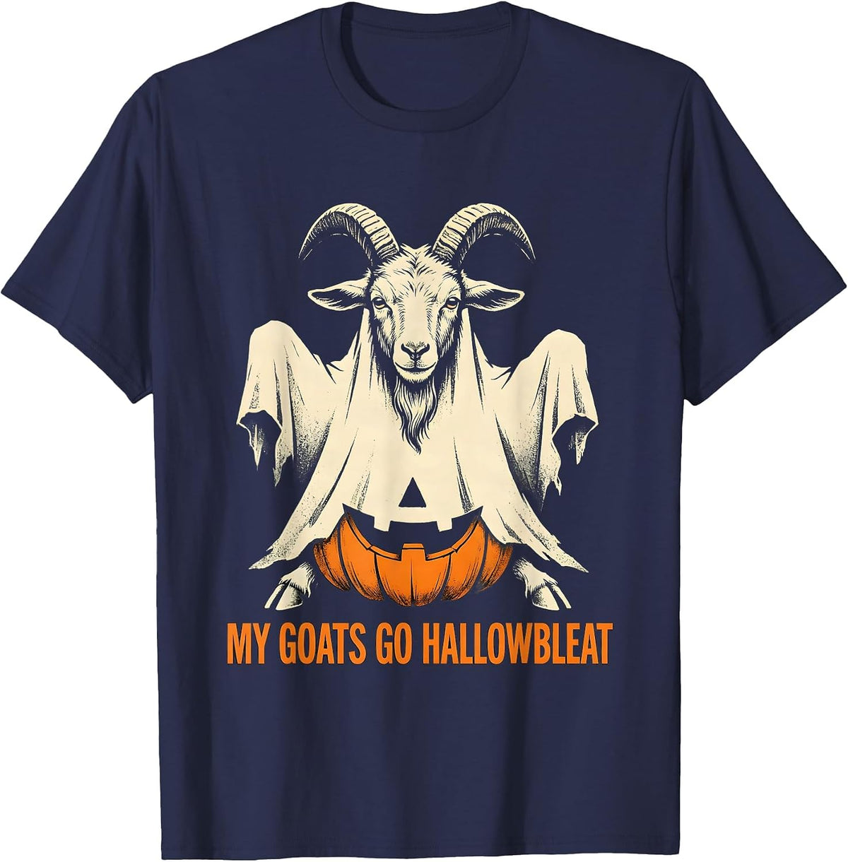 Men's My Goats Go Hallowbleat Funny Goat Ghost Halloween Farmer T-Shirt - Navy Blue
