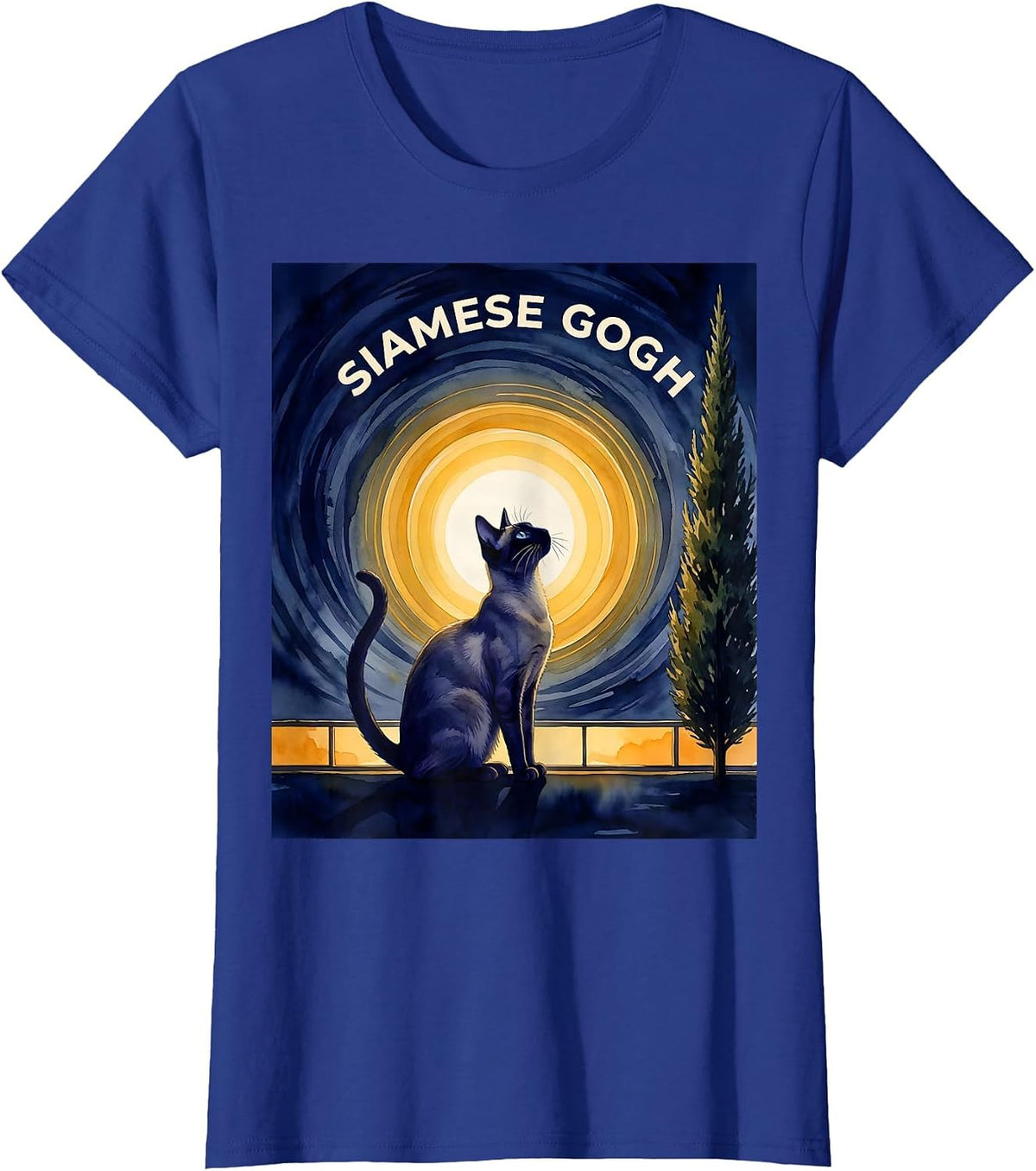 Women's Siamese Gogh Watercolor Cat Lover Van Gogh Art Parody T-Shirt - Royal Blue