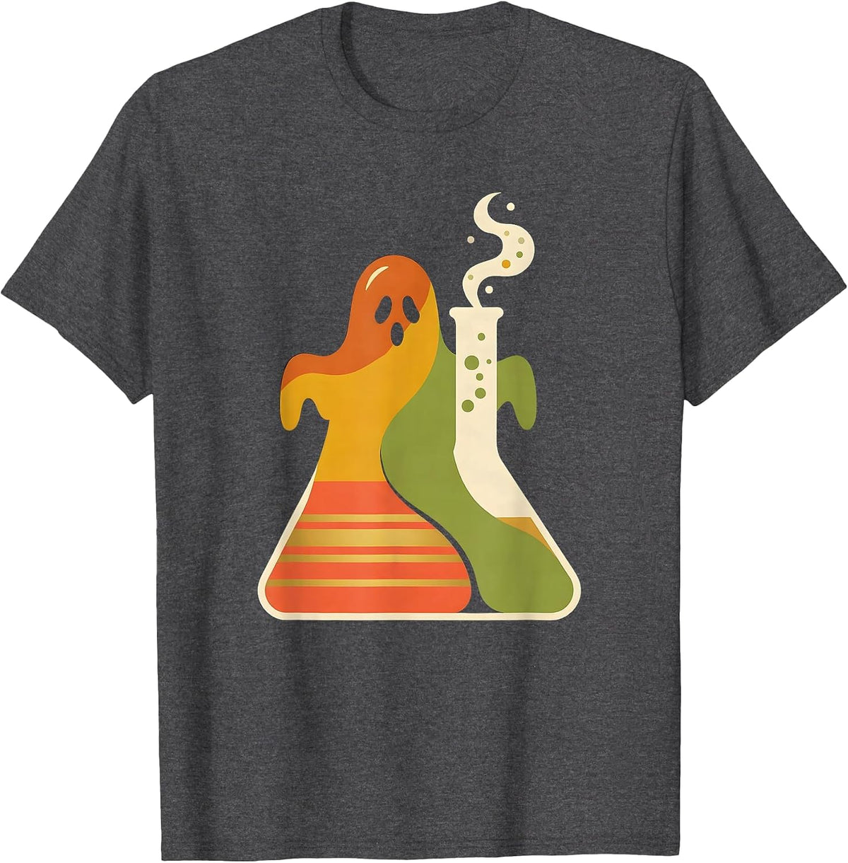 Friendly Ghost Lab Flask Retro 70s Teacher Halloween T-Shirt - Dark Heather Grey