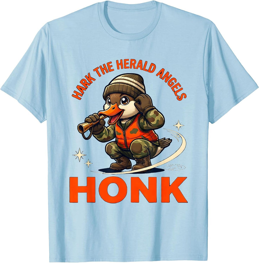 Men's HARK THE HERALD ANGELS HONK Funny Duck Hunter Christmas T-Shirt - Baby Blue