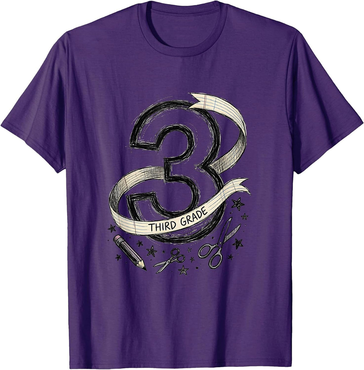 3RD GRADE THIRD GRADE Hand-Sketched Teacher Back to School T-Shirt - Purple