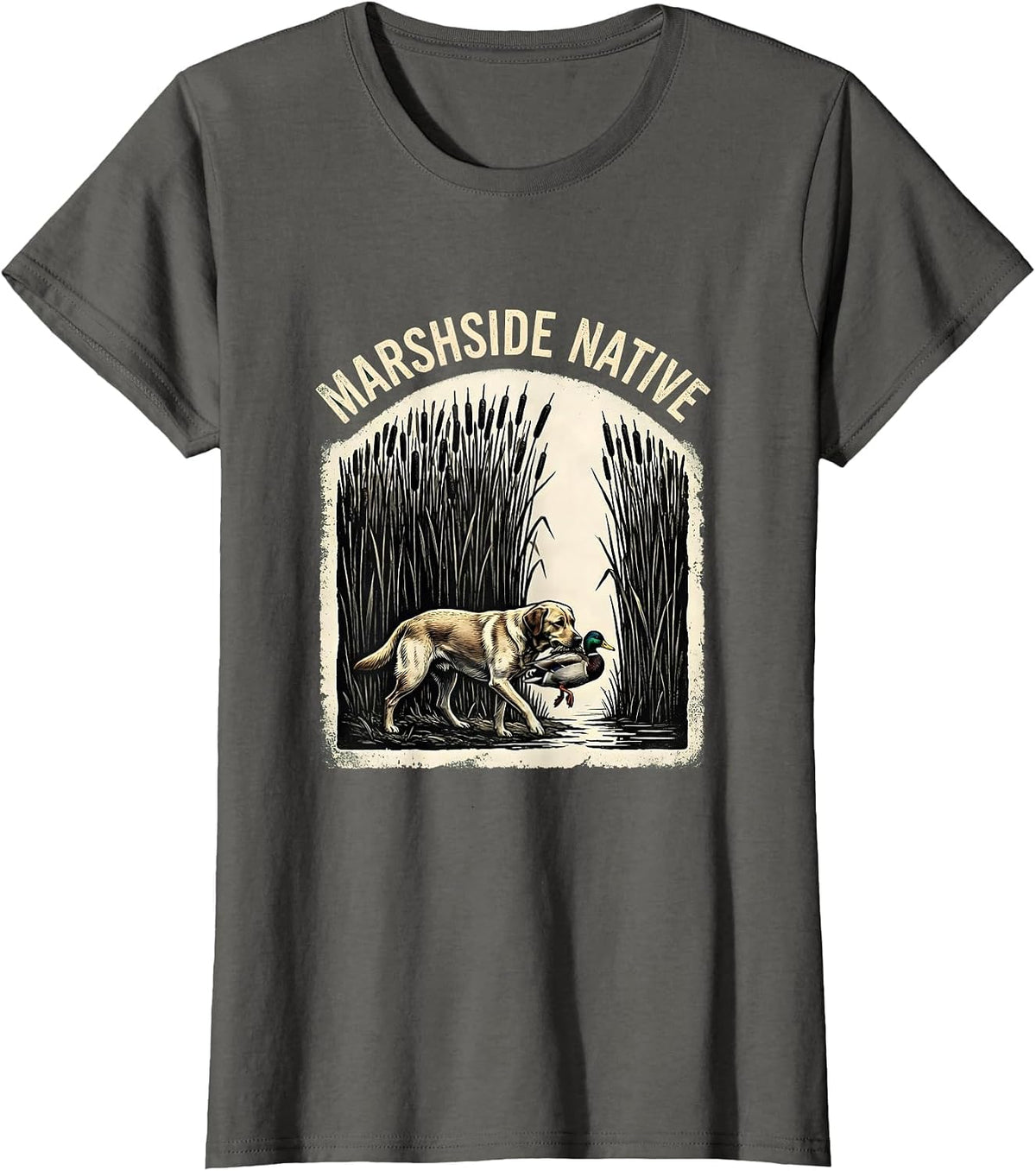 Women's Marshside Native Rubber Stamp Labrador Duck Hunting Southern T-Shirt - Asphalt Grey