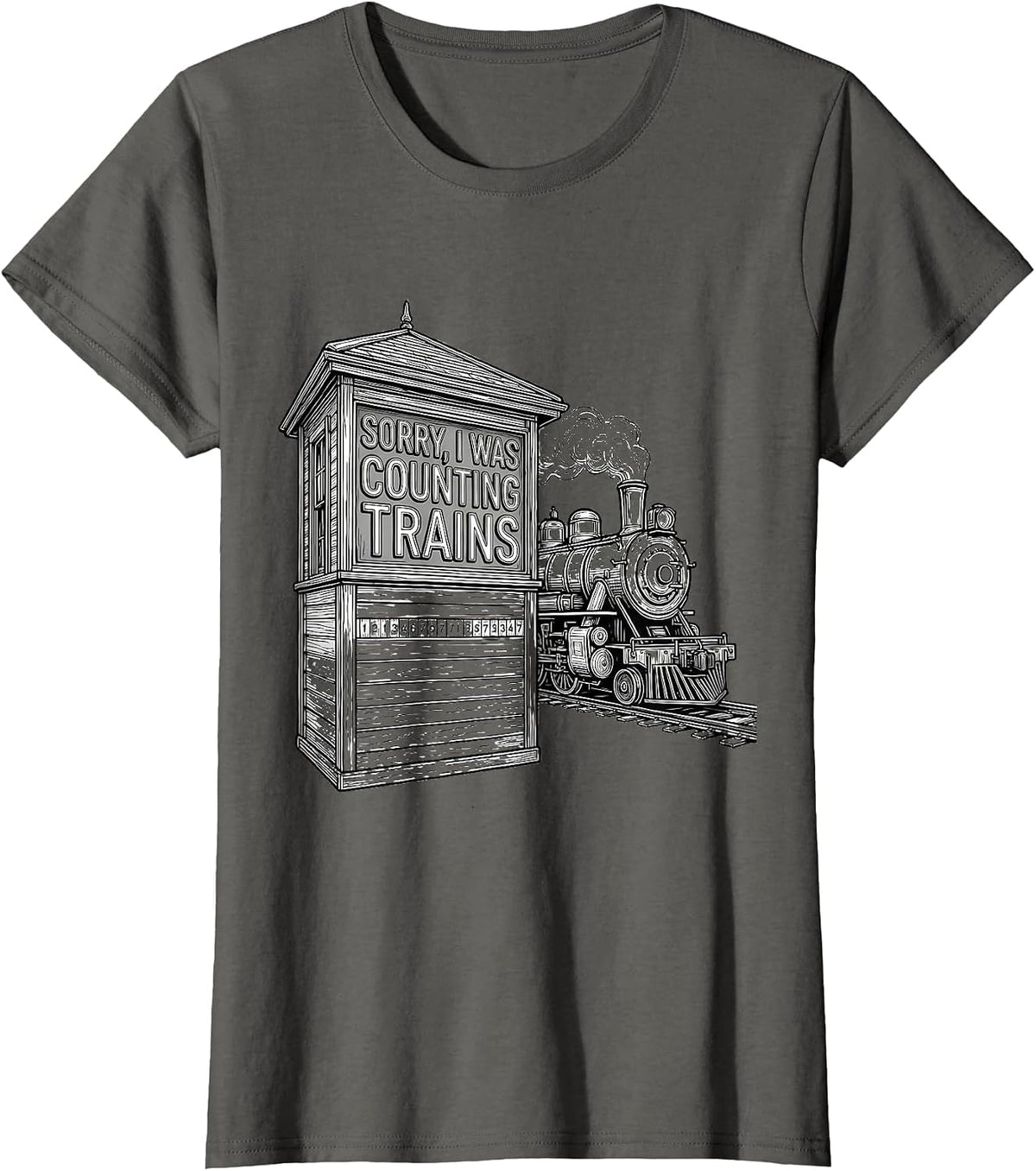 Women's Sorry, I Was Counting Trains Funny Train Enthusiast Hobbyist T-Shirt - Asphalt Grey