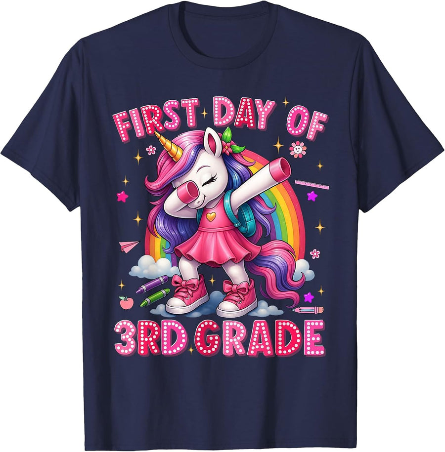 First Day of 3rd Grade Unicorn Back to School Girls Outfits T-Shirt - Navy Blue
