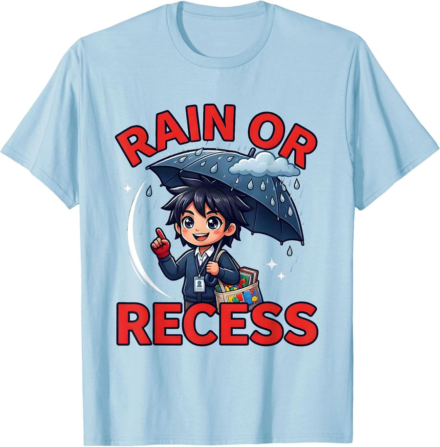 Men's RAIN OR RECESS Funny Cartoon Teacher School Staff Gift T-Shirt - Baby Blue