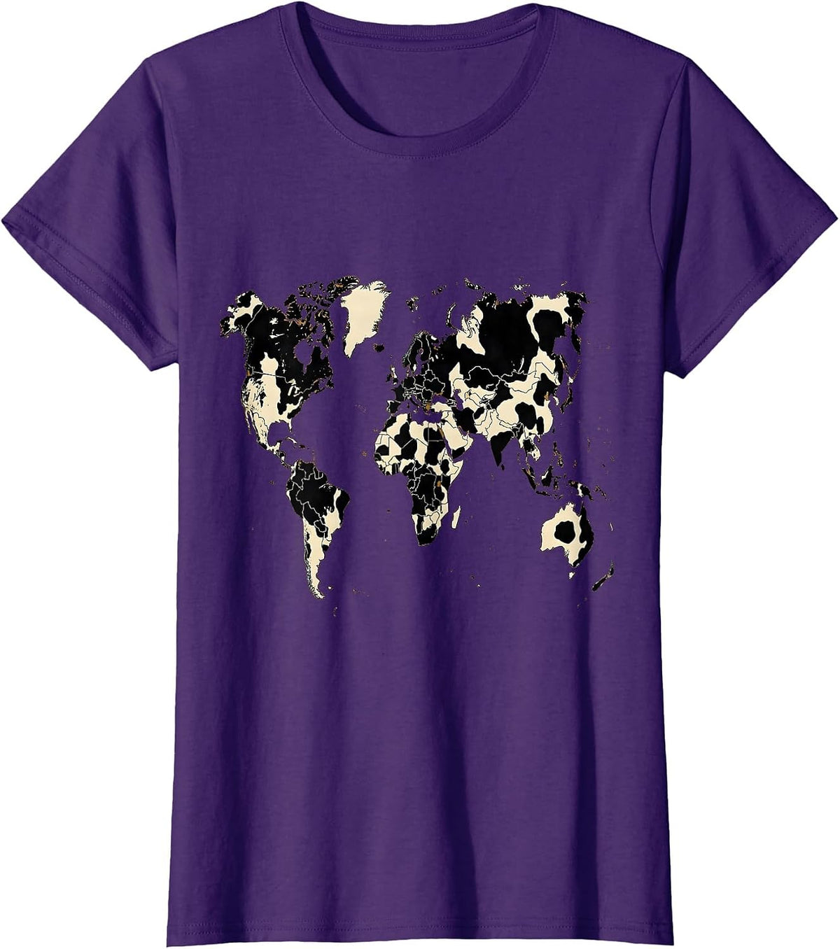 Women's Cow Print World Map Graphic Tee T-Shirt - Purple
