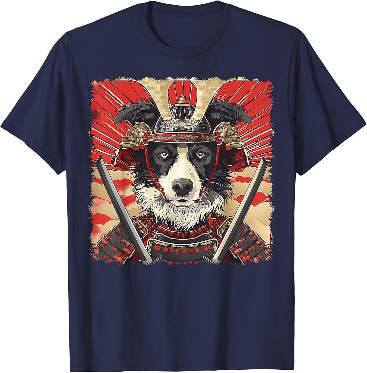 Border Collie Dog Japanese Art Samurai Ukiyo-e Vintage T-Shirt - Navy Blue