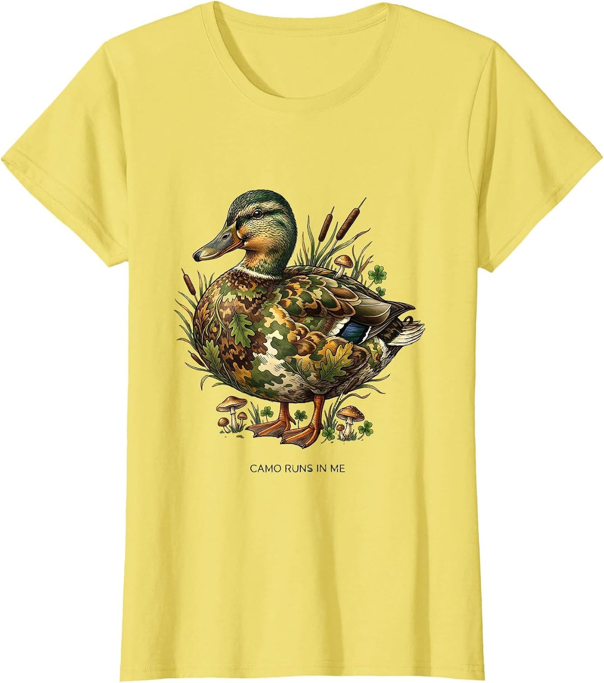 Women's Camo Runs In Me Duck Hunting Design T-Shirt - Lemon Yellow